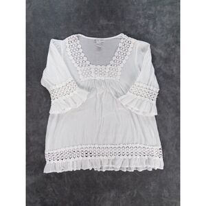 Cute Options Boho Beach Coverup Top White Cotton Size Large Lace Trim
